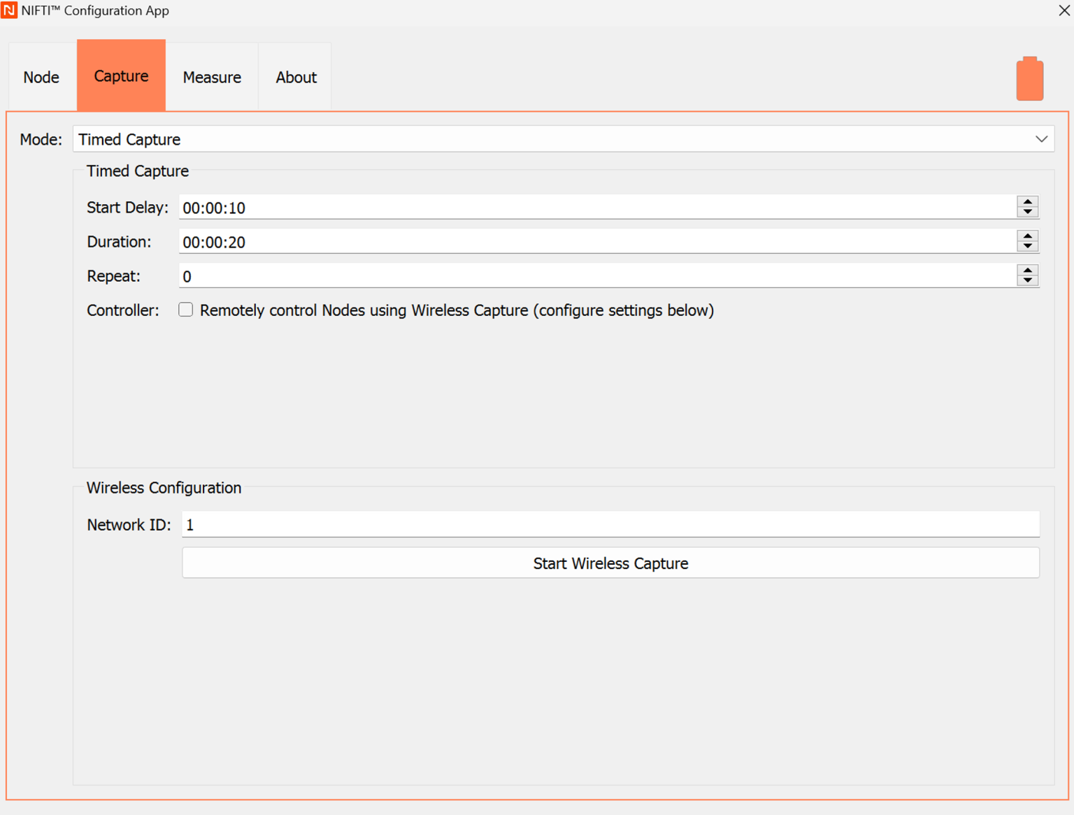 This capture mode will initiate a data capture session on the Sensor Node after a predefined start delay; and for the specified duration of time.
The Sensor Node can also be configured to repeat the timed capture as required.