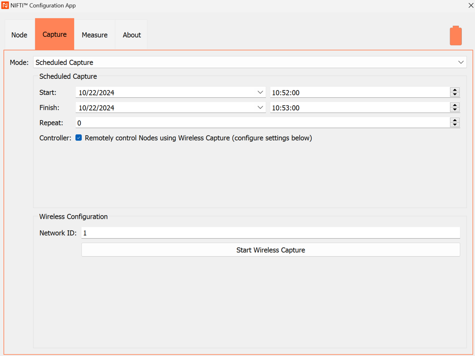 This capture mode will initiate a data capture session on the Sensor Node starting and ending at specified date and time. The Sensor Node can also be configured to repeat the scheduled capture at 24-hour intervals.