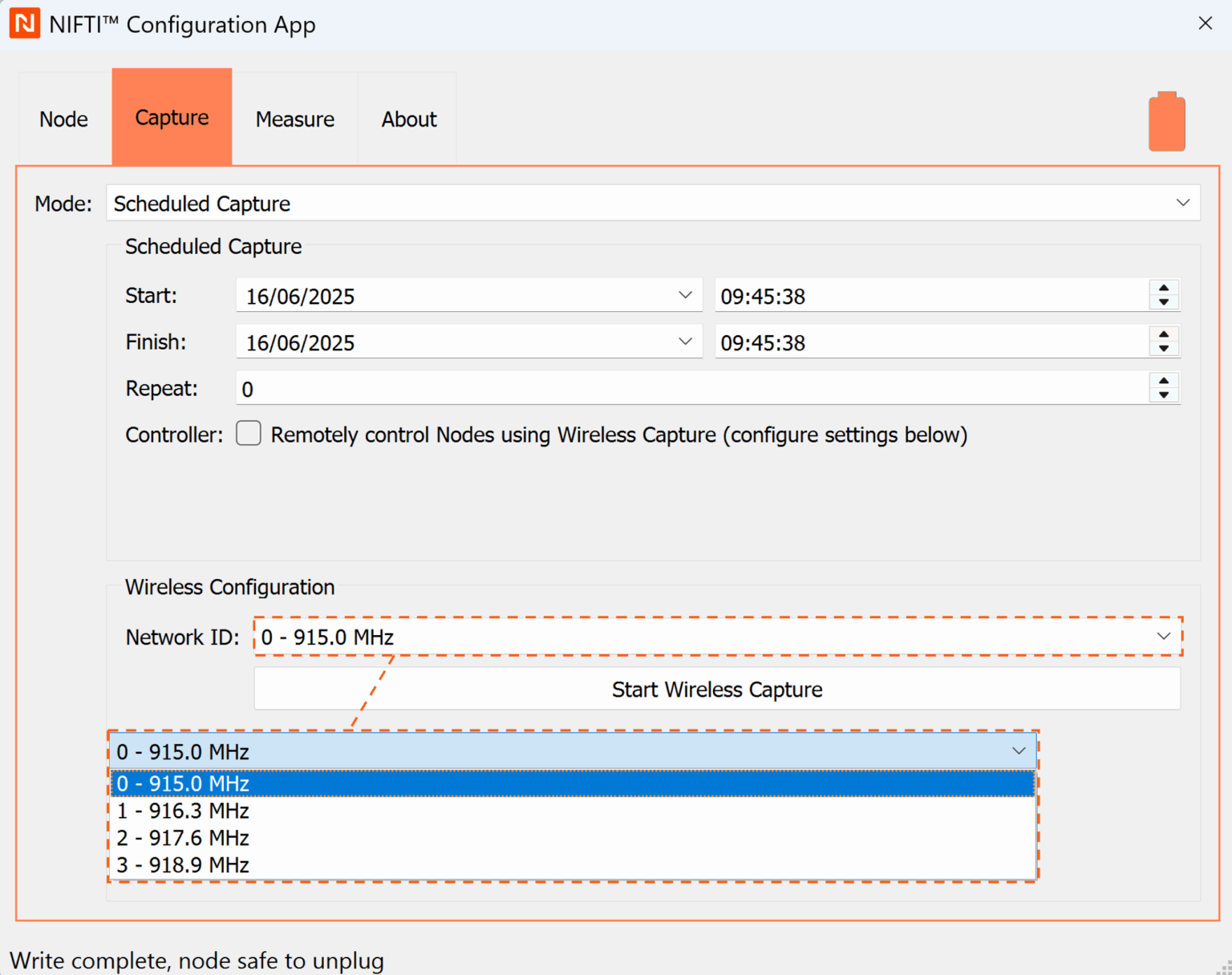 This capture mode will initiate a data capture session on the Sensor Node starting and ending at specified date and time. The Sensor Node can also be configured to repeat the scheduled capture at 24-hour intervals.