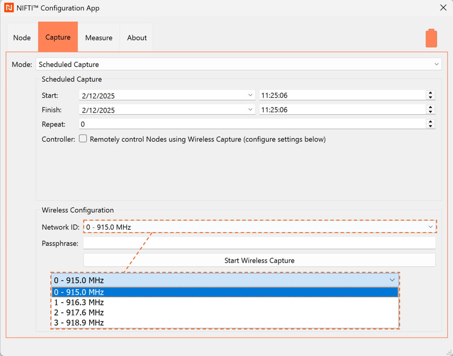 This capture mode will initiate a data capture session on the Sensor Node starting and ending at specified date and time.  The Sensor Node can also be configured to repeat the scheduled capture at 24-hour intervals.