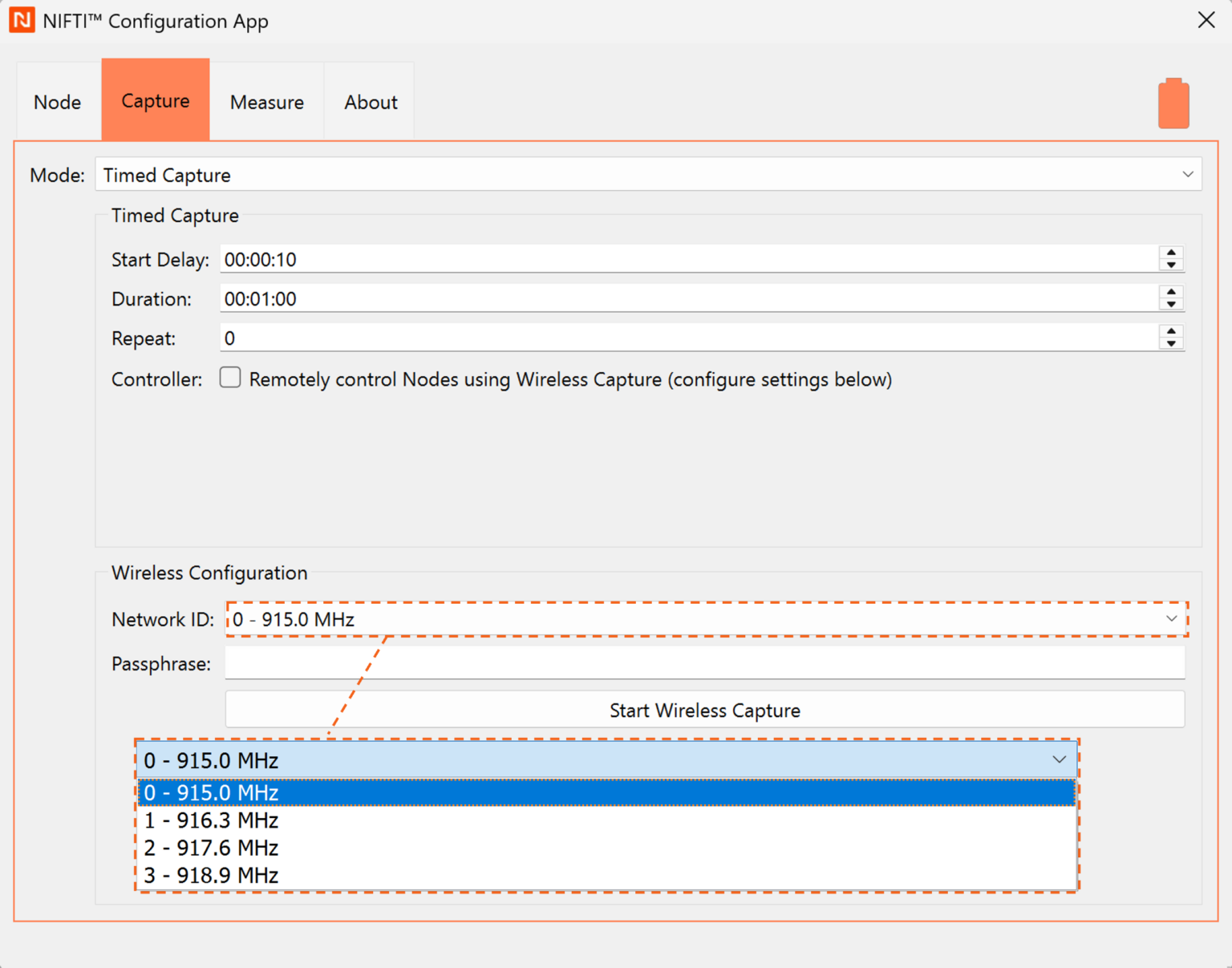 This capture mode will initiate a data capture session on the Sensor Node after a predefined start delay; and for the specified duration of time.   The Sensor Node can also be configured to repeat the timed capture as required.