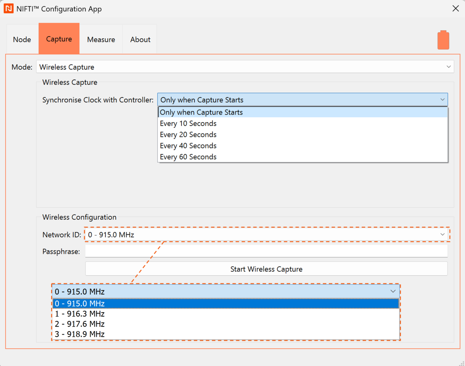 This capture mode will initiate a data capture session on the Sensor Node when wirelessly signalled to start and stop capture by a controller Sensor Node. 
